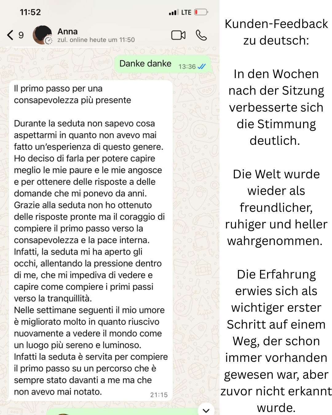 Kunden-Feedback von Anna – WhatsApp-Nachricht mit deutscher Übersetzung