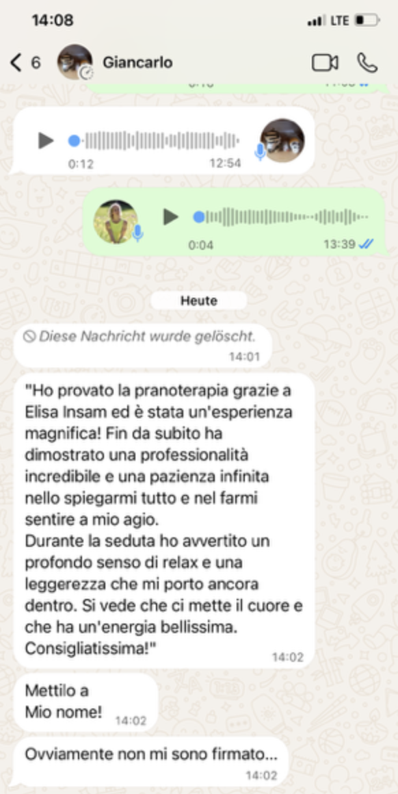 Kunden-Feedback zur Pranotherapie – WhatsApp-Nachricht