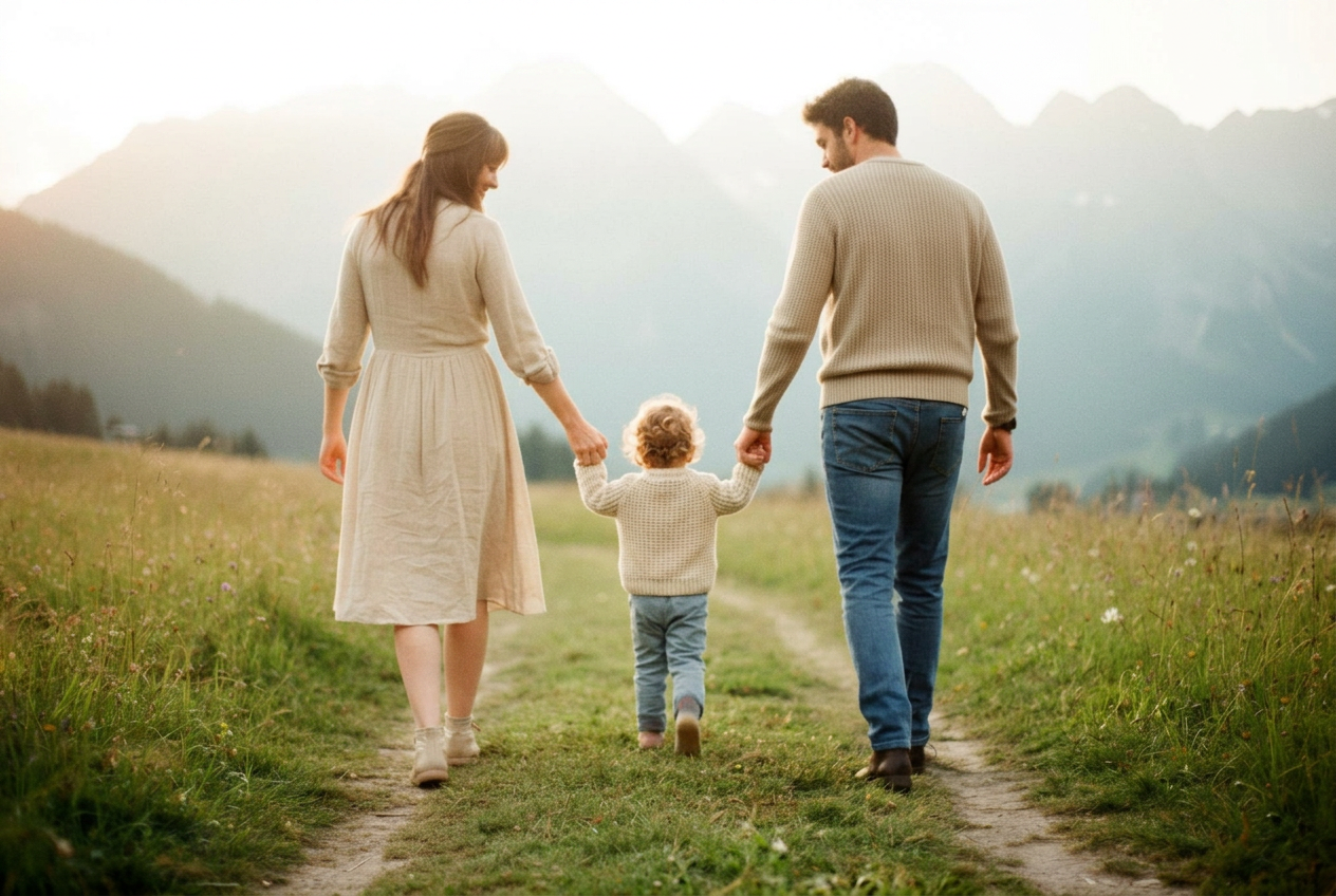 Mutter, Vater und Kind in einem verbundenen, liebevollen Moment